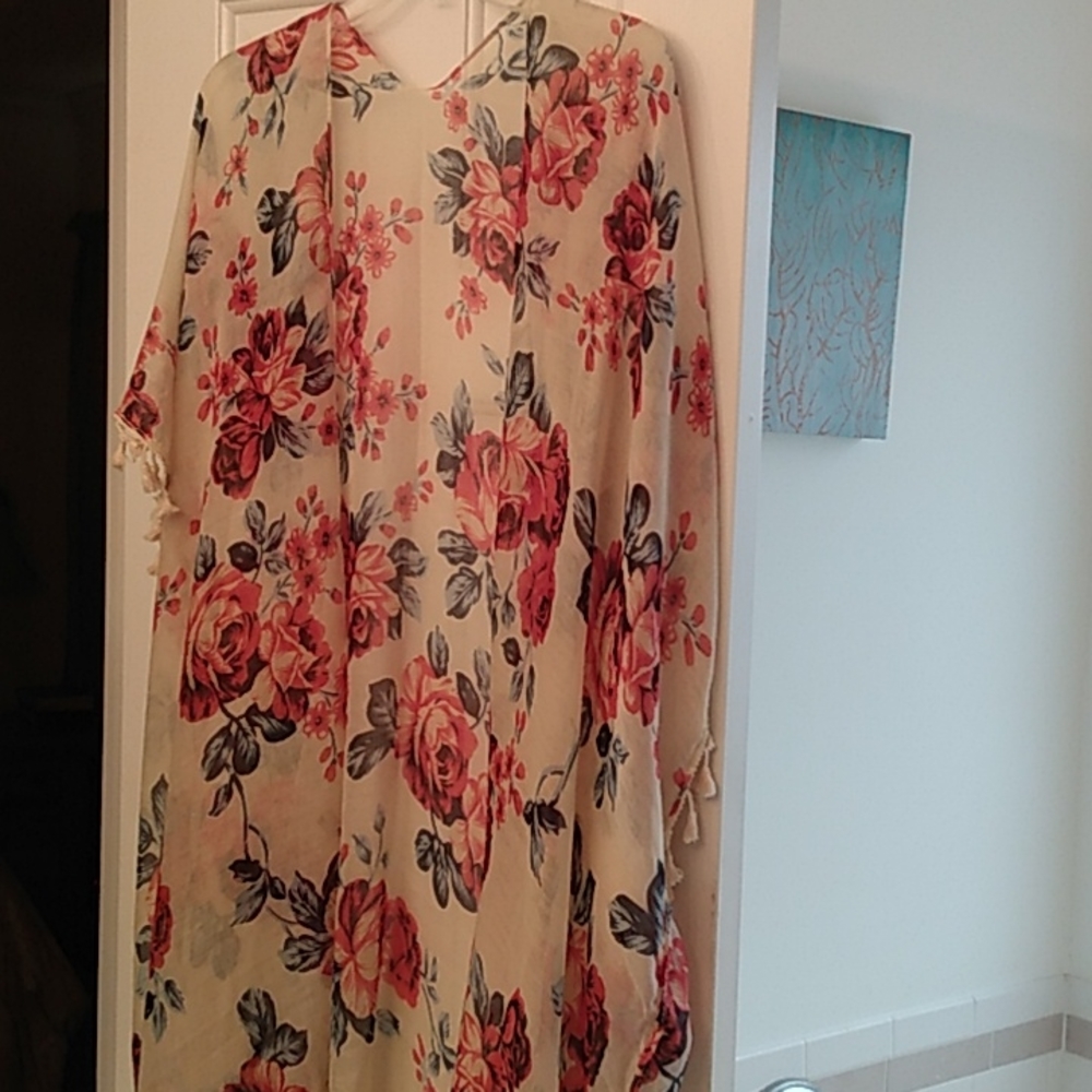 Long Boho Floral Kimono Beach Cover with Fringe - Picture 5 of 5